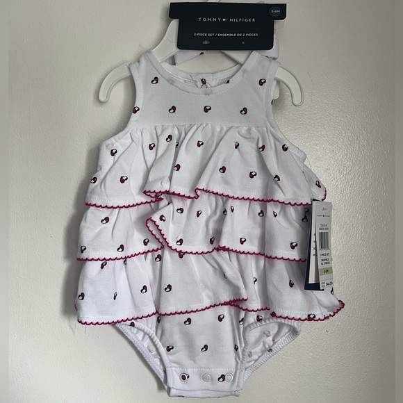 Tommy Hilfiger White and Red Ruffled Onesie with matching headband - Picture 1 of 6